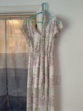 Floral Maxi Dress with Ruffle Sleeves - White/Pink/Green by Kenedik